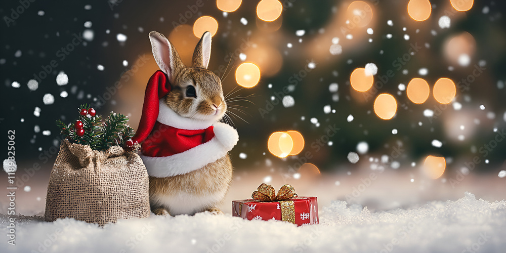 Adorable Bunny in Red Outfit with Gift in Snowy Christmas Setting Adorable Bunny in Red Outfit with Gift in Snowy Christmas Setting
