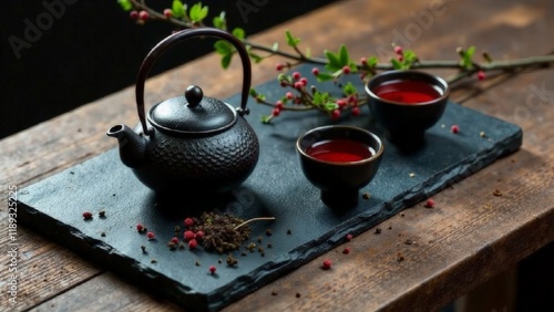 Asian Tea set on stone slate board, ceramic teapot, two cups with red tea, dried tea and spring branches, tea ceremony photo