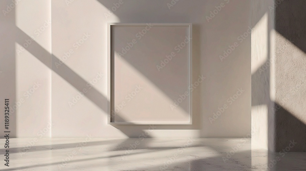 Fototapeta premium Sleek Frame Mockup on Blank Wall with Gentle Light and Shadows