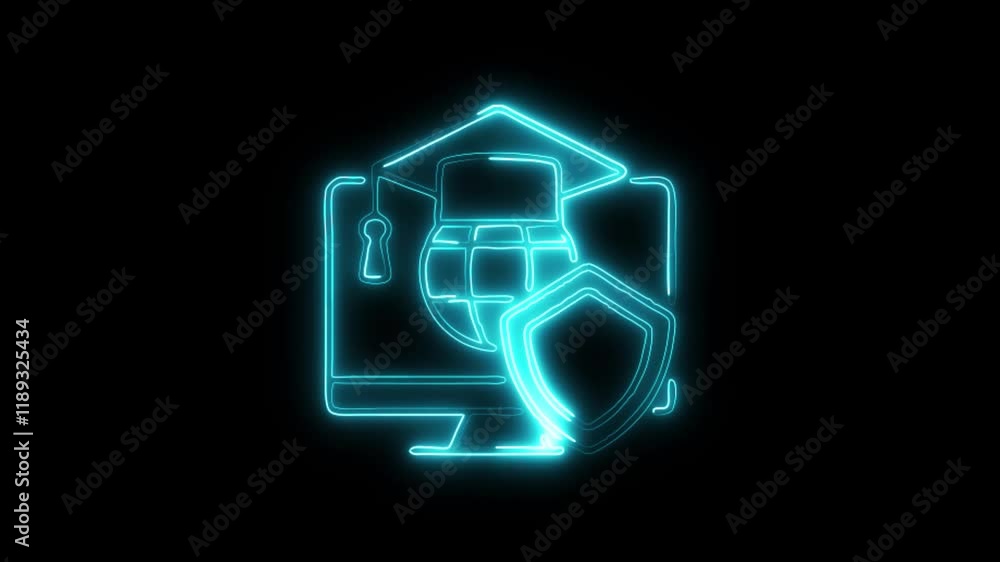 Glowing neon Cyber Security Education icon isolated on black background. HD Video motion graphic animation Glowing neon Cyber Security Education icon isolated on black background. HD Video motion graphic animation
