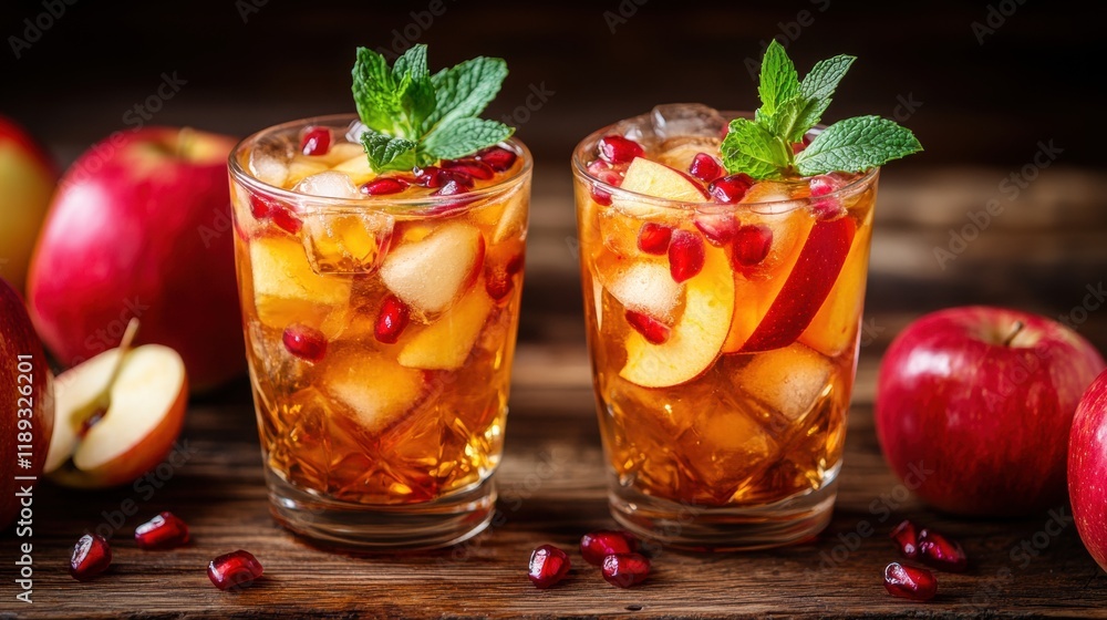 Refreshing Apple and Pomegranate Drink with Fresh Mint Garnish