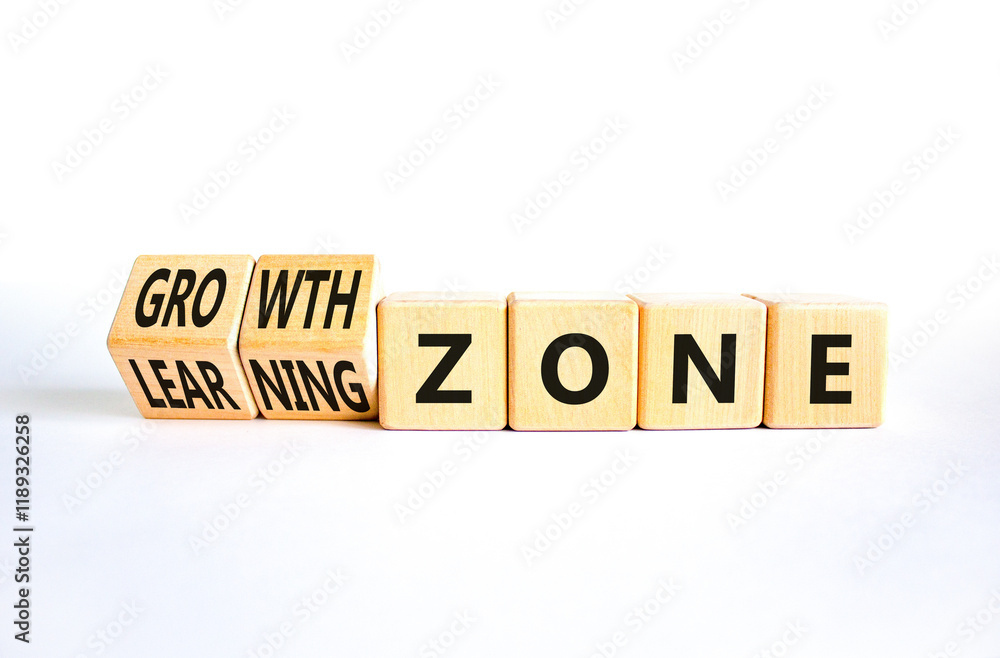 Learning or growth zone symbol. Concept words Learning zone Growth zone on wooden cubes. Beautiful white table white background. Business learning growth zone concept. Copy space. Learning or growth zone symbol. Concept words Learning zone Growth zone on wooden cubes. Beautiful white table white background. Business learning growth zone concept. Copy space.