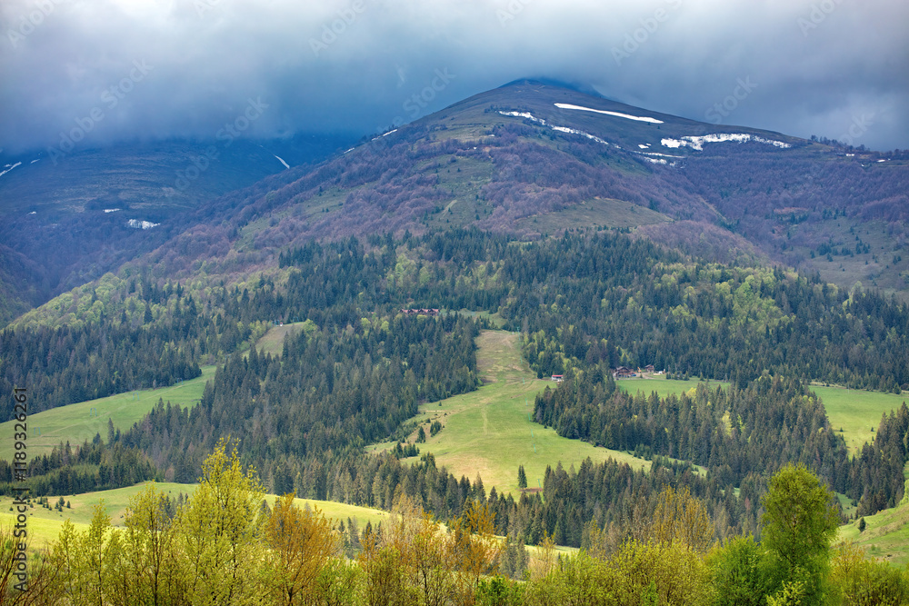 Majestic mountain landscape showcasing lush greenery and distant peaks under a cloudy sky