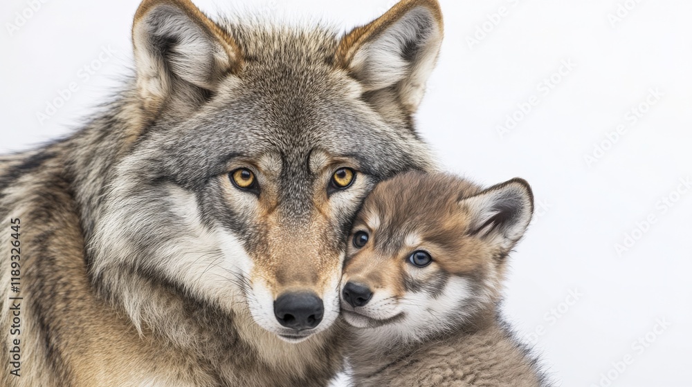 a gray wolf with its cub against a white background a gray wolf with its cub against a white background