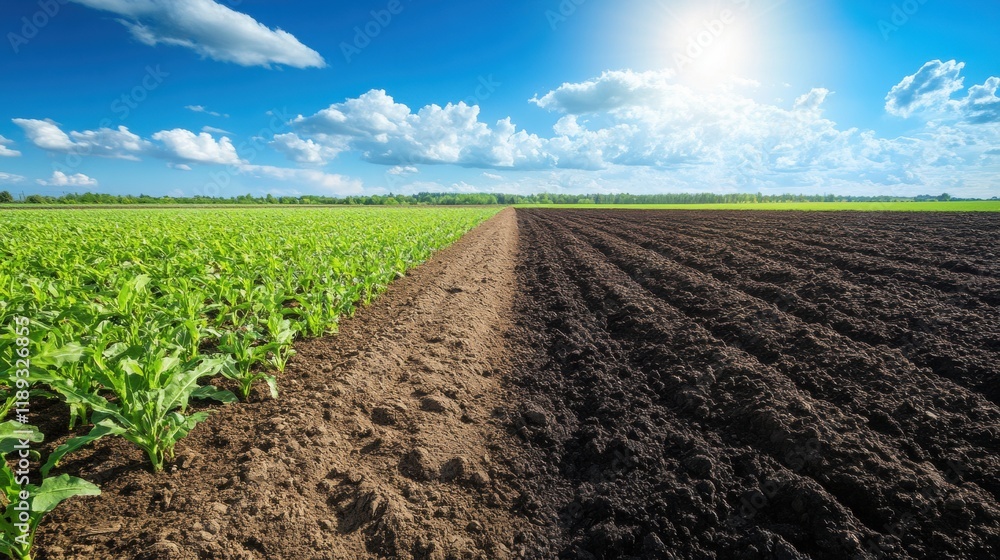 Divided Landscape of Green Crops and Brown Plowed Soil Under Sky Divided Landscape of Green Crops and Brown Plowed Soil Under Sky