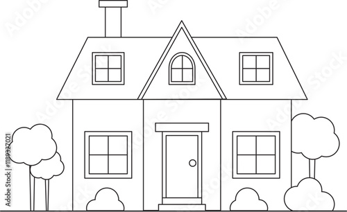 cute outline house illustration for coloring pages. Monochrome house graphic illustration
