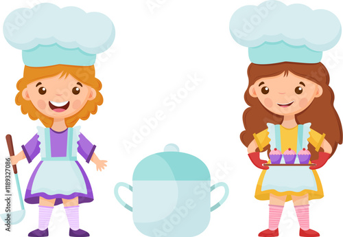 Girl Chef with ladle and saucepan. Cute little girl chef holds a cupcakes on the tray.