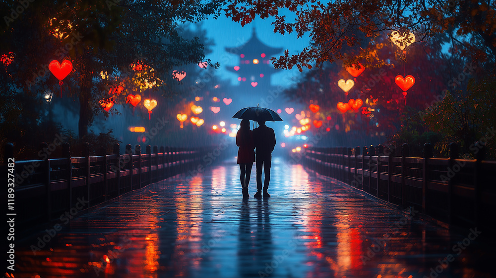Fototapeta premium Couple embracing under umbrella on romantic bridge amidst glowing heart-shaped lights at dusk