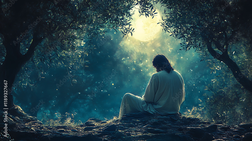 Jesus in deep prayer in the center of the tranquil Gethsemane garden, ancient olive trees encircling him, soft moonlight cascading through leaves, serene yet poignant ambiance, Jesus in deep prayer in the center of the tranquil Gethsemane garden, ancient olive trees encircling him, soft moonlight cascading through leaves, serene yet poignant ambiance,