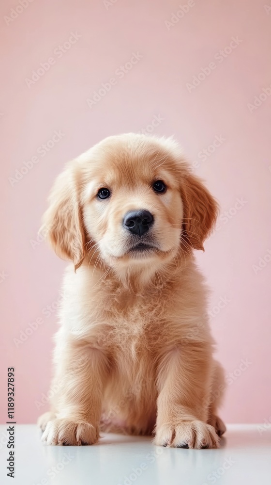 Golden retriever puppy on white table with pink background Golden retriever puppy on white table with pink background