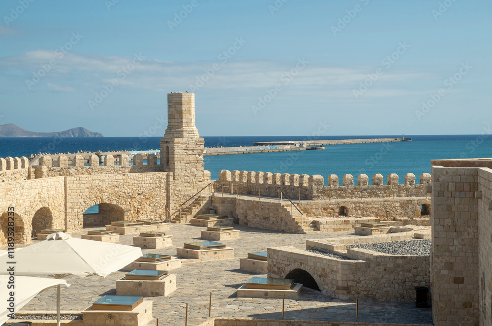 Venetian stone Koules Fortress and entrance old port of Heraklion, Crete, Greece Venetian stone Koules Fortress and entrance old port of Heraklion, Crete, Greece