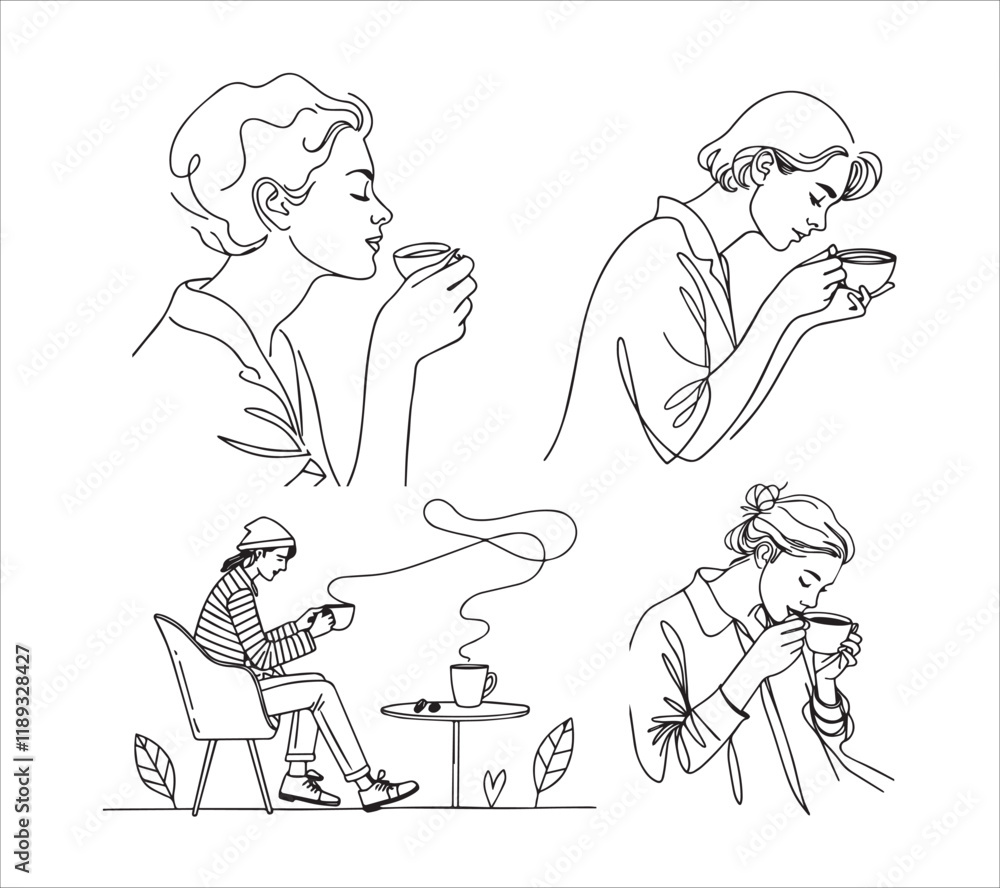 One line drawing office workers having a coffee icon break One line drawing office workers having a coffee icon break