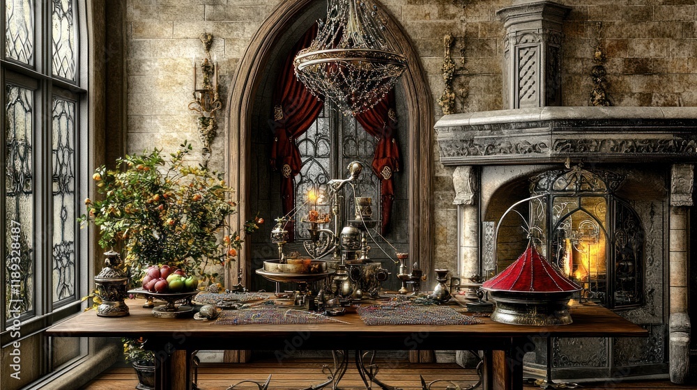 Obraz premium Luxurious Dining Room with Ornate Decor, Grand Fireplace, and Elegant Atmosphere