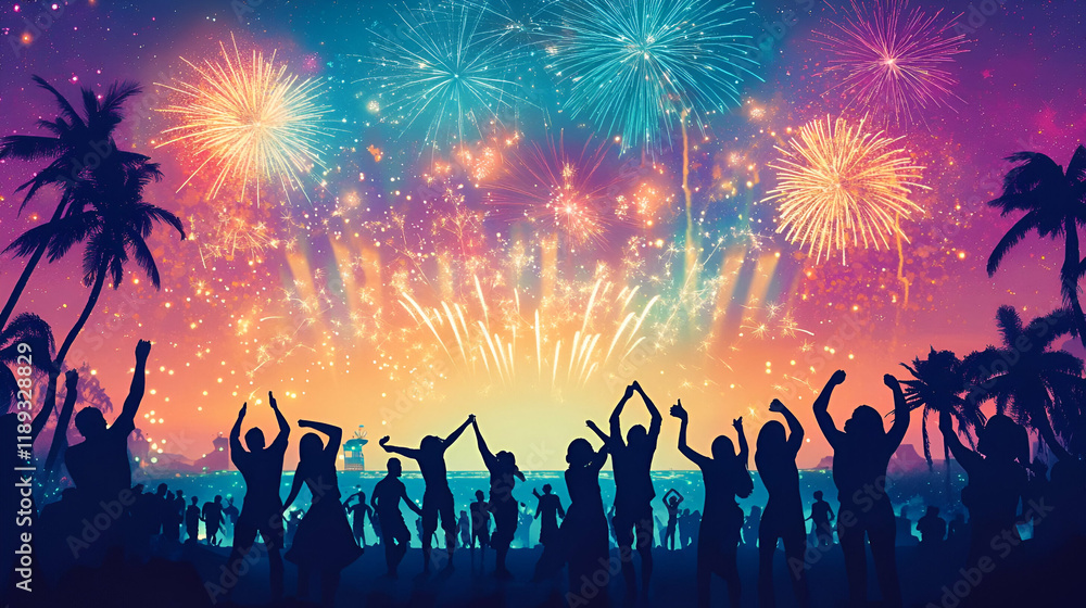 A vibrant celebration with fireworks and silhouettes of people enjoying the moment. A vibrant celebration with fireworks and silhouettes of people enjoying the moment.