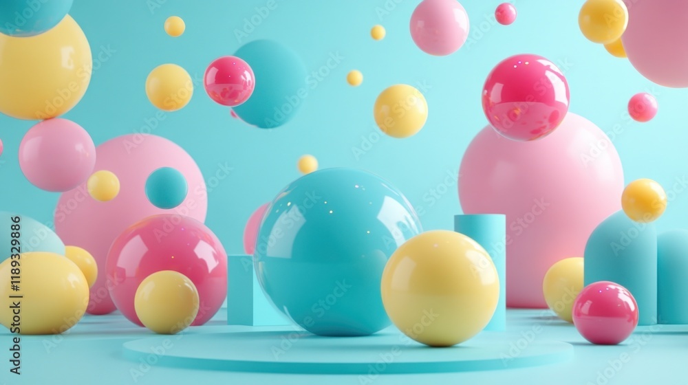 Abstract pastel colored spheres and shapes levitating on a light teal background. Abstract pastel colored spheres and shapes levitating on a light teal background.