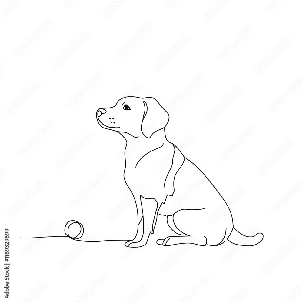 Fototapeta premium Sitting Labrador Retriever, ball, line art, white background, pet design