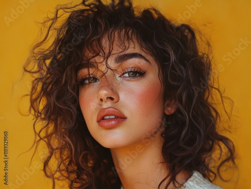 Wallpaper Mural portrait of woman with curly hair against yellow background Torontodigital.ca