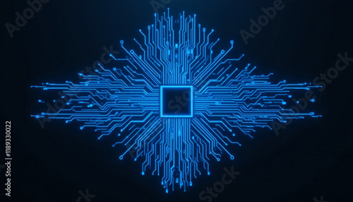 Glowing Blue Circuit Board Design with Central Chip