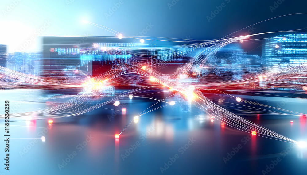 Obraz premium Futuristic city network data flow, digital transformation, global connection, glowing lines, website banner