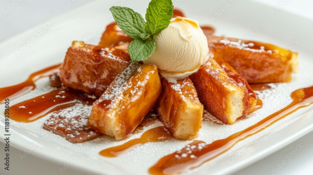 A beautifully styled plate of honey toast topped with ice cream, fresh mint, and a drizzle of honey, arranged on a white background for a fresh and modern look. A beautifully styled plate of honey toast topped with ice cream, fresh mint, and a drizzle of honey, arranged on a white background for a fresh and modern look.
