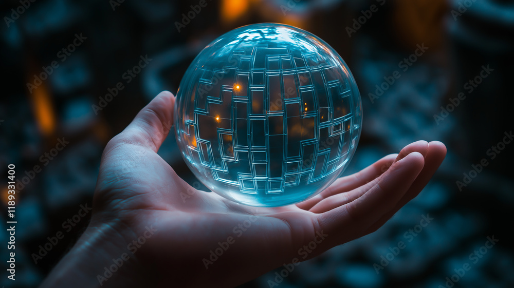 Fototapeta premium Photograph of a human hand holding a transparent globe with a maze inside it, symbolizing the complexity and navigation of human thoughts and decisions in life