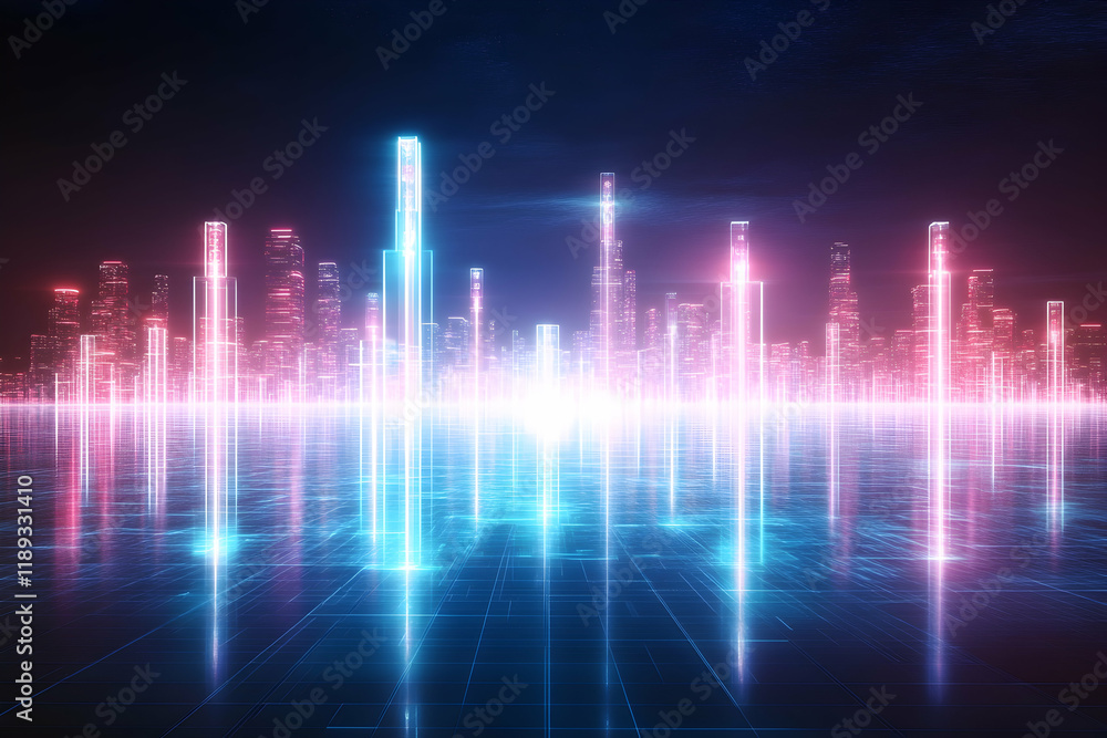 Futuristic city skyline at night, neon lights reflecting on a digital grid; ideal for tech, science fiction, or urban fantasy projects Futuristic city skyline at night, neon lights reflecting on a digital grid; ideal for tech, science fiction, or urban fantasy projects