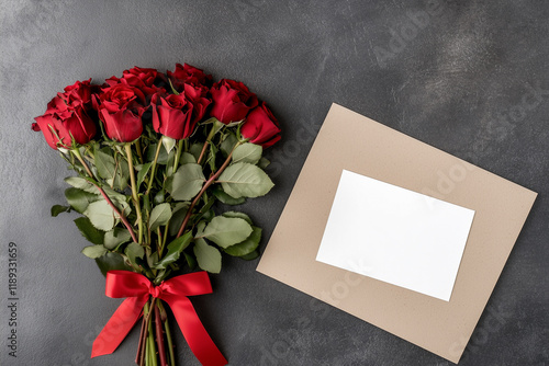 A bouquet of red roses is tied with a red satin ribbon, next to a beige paper envelope and a white mock-up postcard. Black background, flat lane. The concept of Valentine's day.  photo