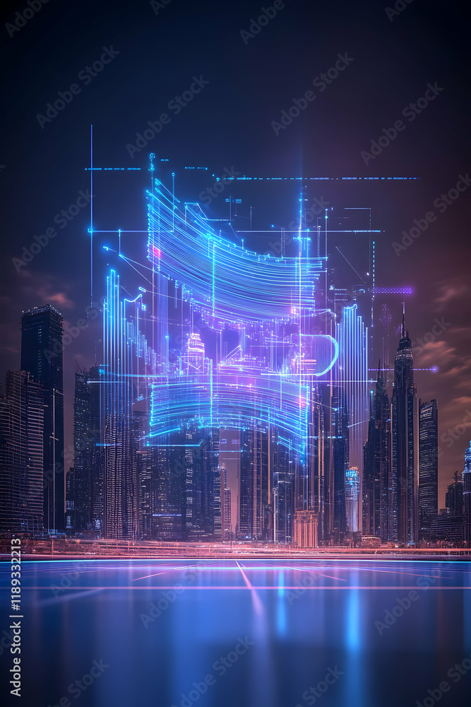 Fototapeta premium Futuristic city skyline with holographic data projection, nighttime, urban development, technology concept; website banner