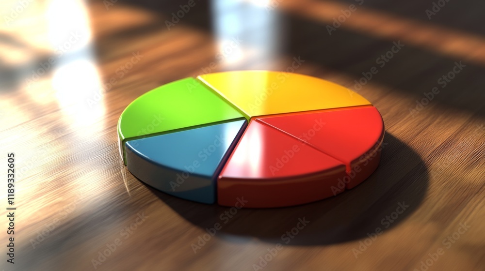 Fototapeta premium A close-up of a D pie chart displaying survey results, with distinct colors and shadowing, set on a wooden desk with subtle reflections for a professional touch.