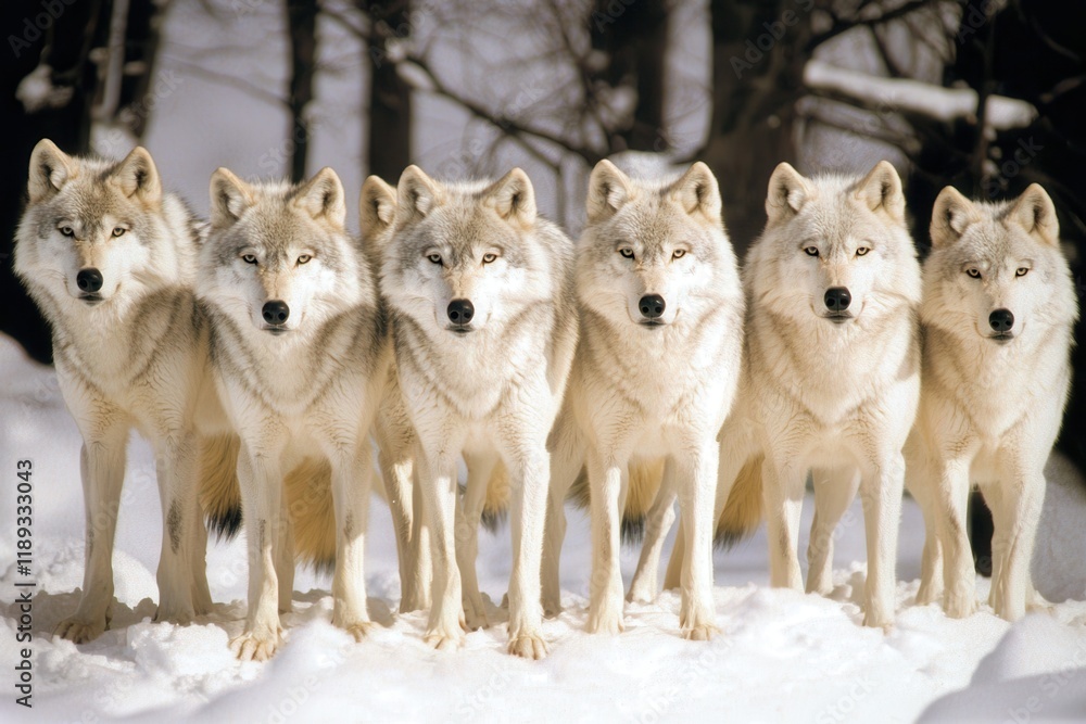 Naklejka premium A pack of Arctic wolves on the hunt, their sleek gray coats blending seamlessly with the snowy backdrop.