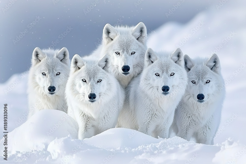 Fototapeta premium A pack of Arctic wolves on the hunt, their sleek gray coats blending seamlessly with the snowy backdrop.