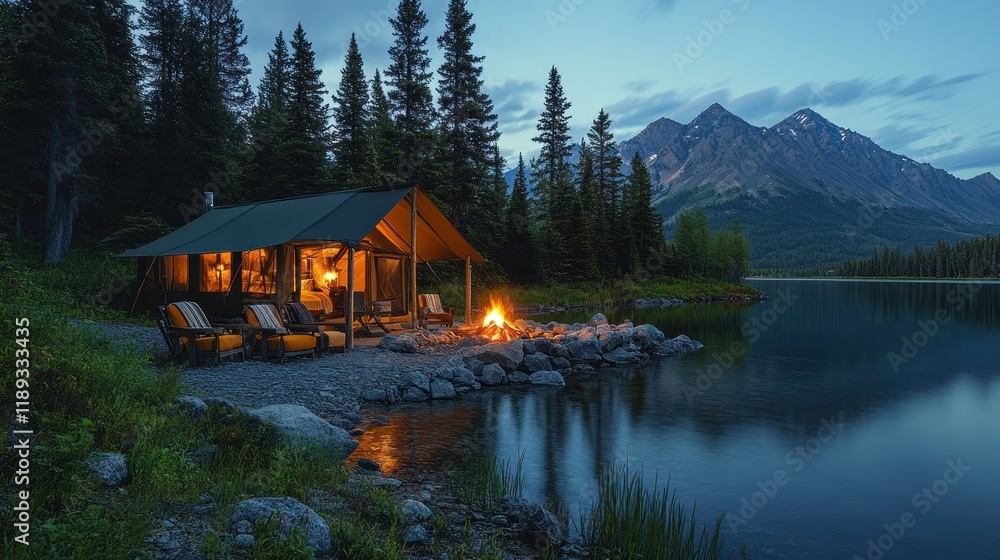 Obraz premium Luxurious glamping tent near lake with campfire at dusk, mountain backdrop.