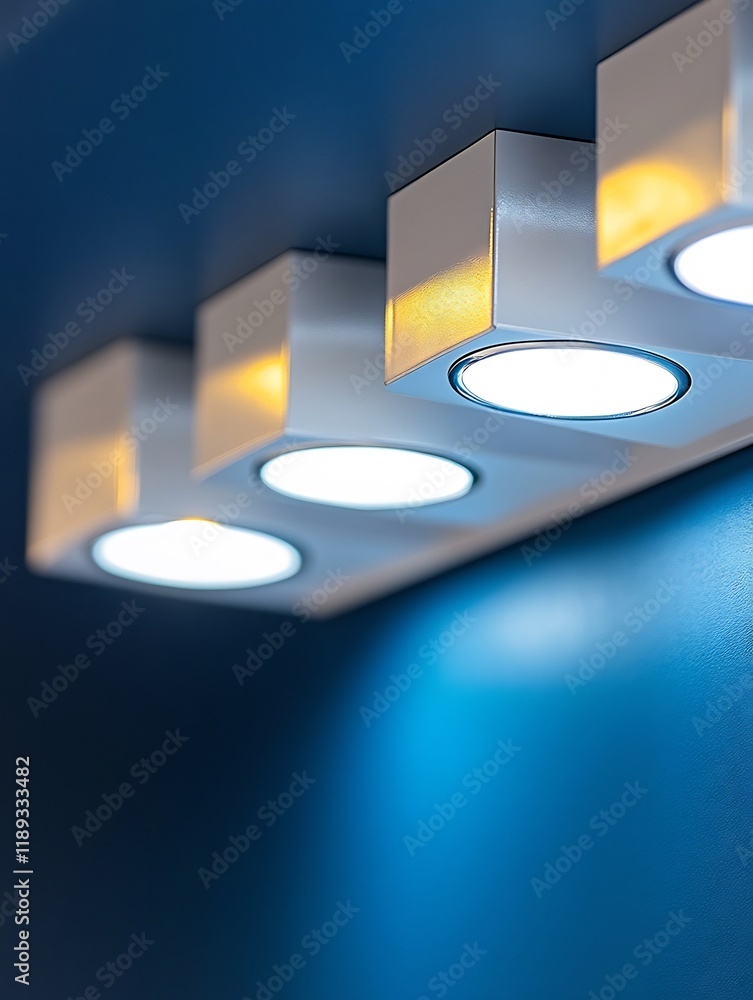 Modern white LED lights softly illuminate a deep blue wall. AI Generated Modern white LED lights softly illuminate a deep blue wall. AI Generated