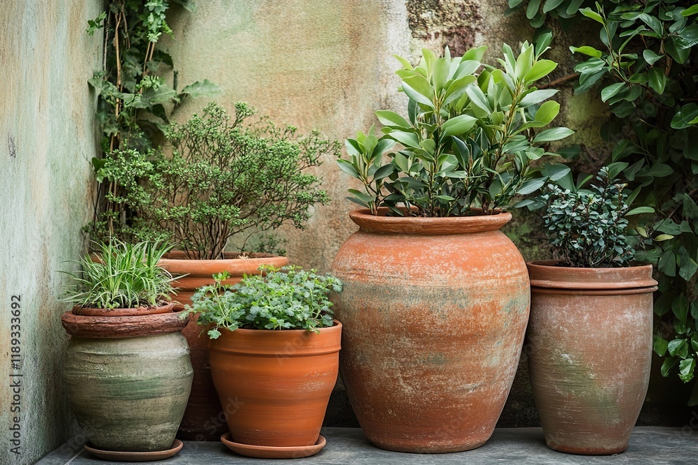 A collection of potted plants, varying in size and greenery, adds a touch of nature to a rustic setting. The terracotta pots complement the aged wall. A collection of potted plants, varying in size and greenery, adds a touch of nature to a rustic setting. The terracotta pots complement the aged wall.