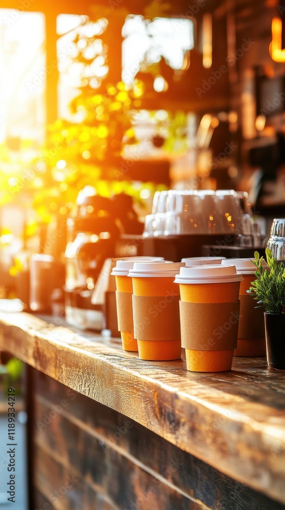 Bright morning in a coffee shop with stacks of compostable cups on the counter Bright morning in a coffee shop with stacks of compostable cups on the counter