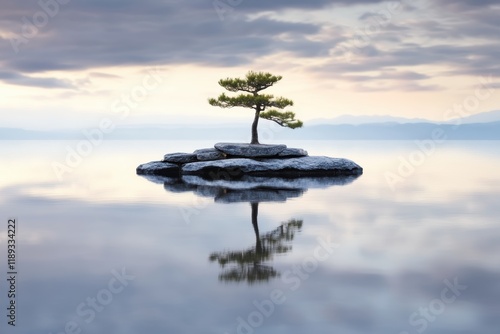 穏やかな湖に浮かぶ松の木と静かな水面の美しい風景 photo