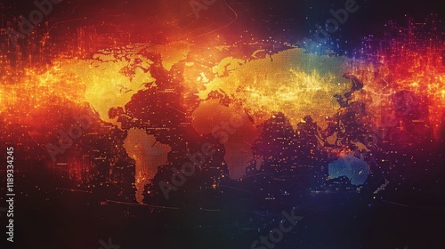 A detailed digital representation showcases the increase in global phenomena, featuring a colorful map surrounded by dynamic effects that symbolize growth and change across continents