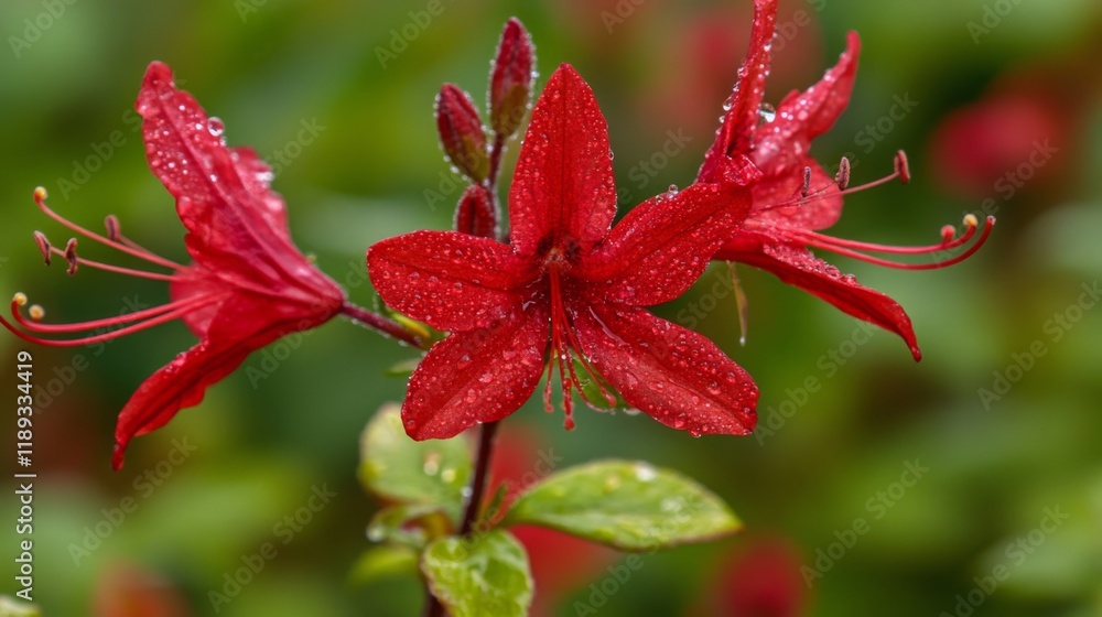 A close-up of a vibrant red flower with delicate petals adorned with glistening water droplets, capturing the beauty and freshness of nature after a rain shower. A close-up of a vibrant red flower with delicate petals adorned with glistening water droplets, capturing the beauty and freshness of nature after a rain shower.