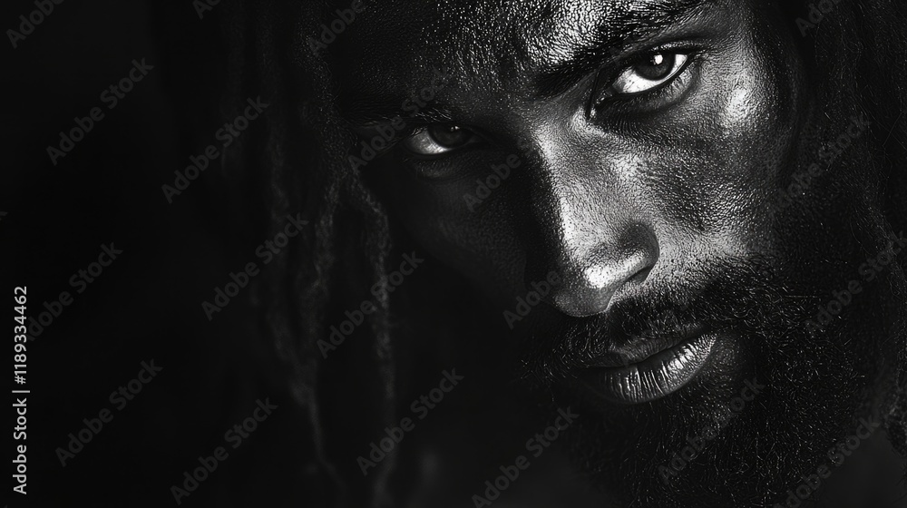 Fototapeta premium A powerful depiction of Black Jesus, his face illuminated against a dark background. 