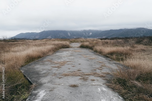 草が生い茂る荒れた道が続いている景色と遠くの山々 photo