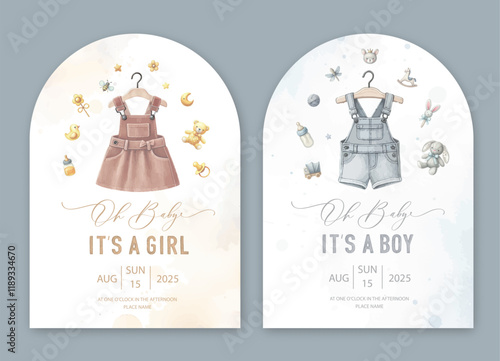 Cute baby shower watercolor invitation card for baby and kids new born celebration. Its a girl, Its a boy card with baby dress and toys.