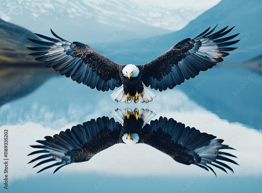 Obraz premium Majestic eagle soaring with a symmetrical reflection on a serene surface, symbolizing strength and freedom, dynamic backdrop with dramatic skies or tranquil waters, wildlife in flight