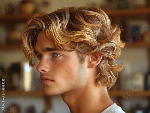 Stylish young man with blond wavy hair and casual attire. Close-up studio portrait. Handsome guy looks thoughtful. Fashionable hairstyle and beard style. Trendy modern look. Stylish male model.