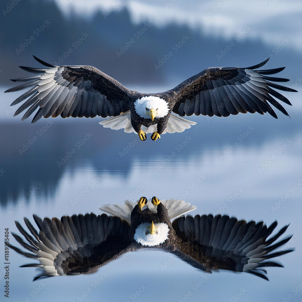 Majestic eagle soaring with a symmetrical reflection on a serene surface, symbolizing strength and freedom, dynamic backdrop with dramatic skies or tranquil waters, wildlife in flight Majestic eagle soaring with a symmetrical reflection on a serene surface, symbolizing strength and freedom, dynamic backdrop with dramatic skies or tranquil waters, wildlife in flight