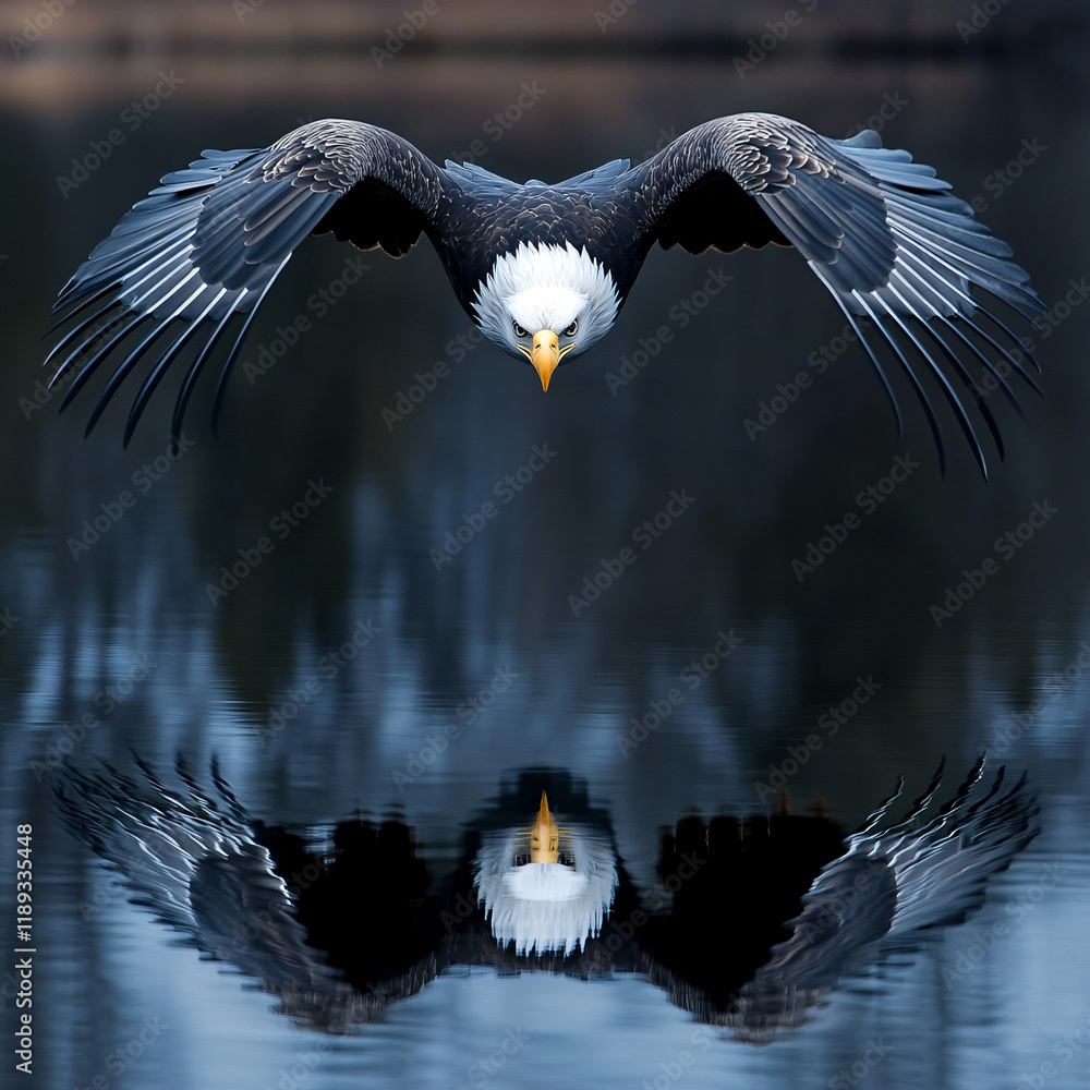 Obraz premium Majestic eagle soaring with a symmetrical reflection on a serene surface, symbolizing strength and freedom, dynamic backdrop with dramatic skies or tranquil waters, wildlife in flight