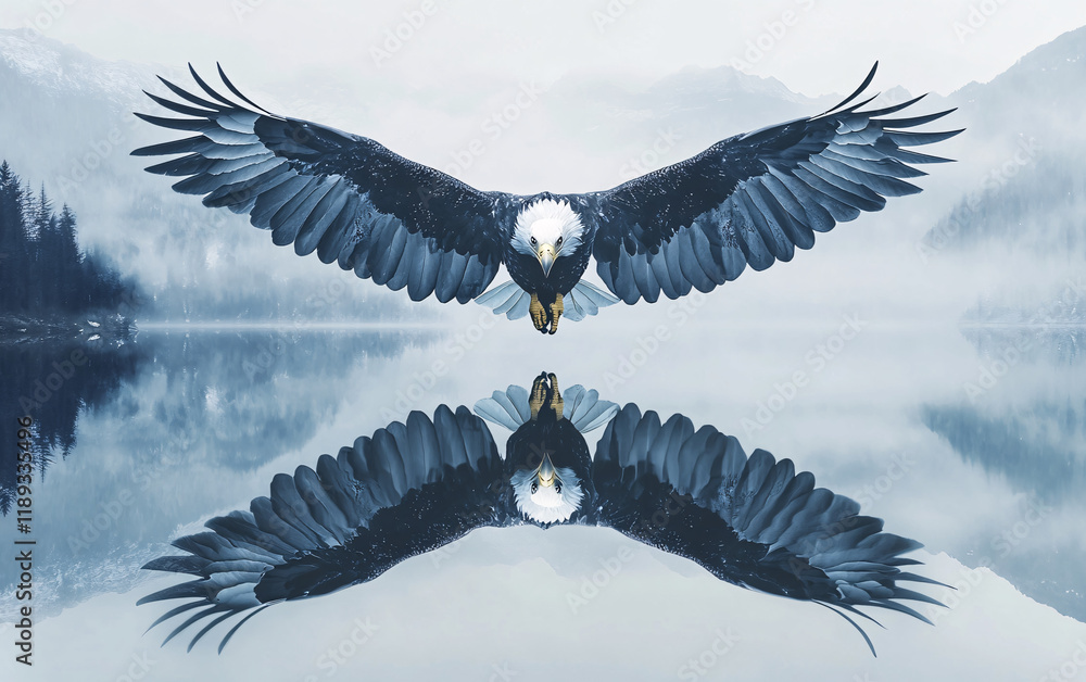 Obraz premium Majestic eagle soaring with a symmetrical reflection on a serene surface, symbolizing strength and freedom, dynamic backdrop with dramatic skies or tranquil waters, wildlife in flight