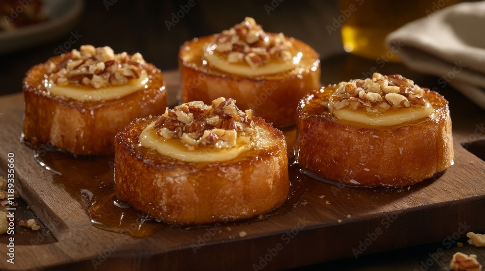 A close-up of honey toast with melted butter and a drizzle of honey, garnished with crushed nuts and served on a wooden platter, creating a warm and inviting feel. A close-up of honey toast with melted butter and a drizzle of honey, garnished with crushed nuts and served on a wooden platter, creating a warm and inviting feel.