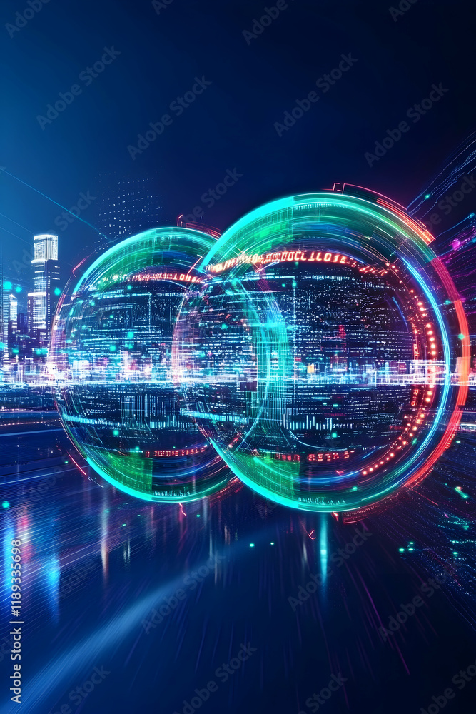 Futuristic data spheres over city skyline; digital technology concept; for tech websites or presentations