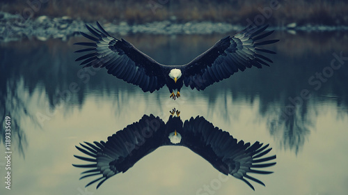 Majestic eagle soaring with a symmetrical reflection on a serene surface, symbolizing strength and freedom, dynamic backdrop with dramatic skies or tranquil waters, wildlife in flight photo