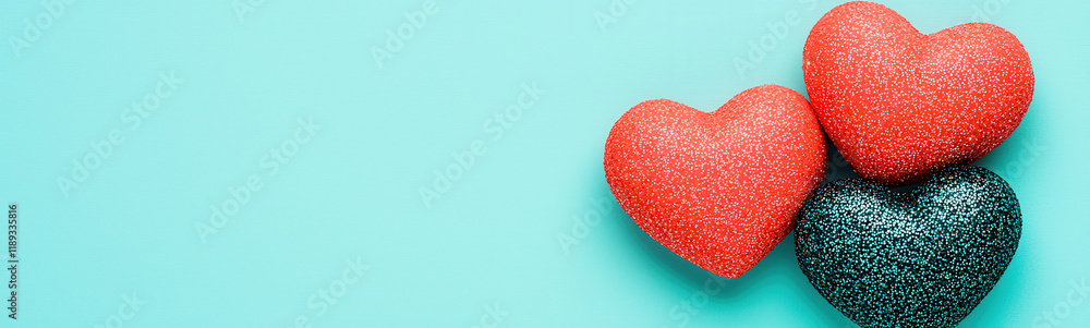 Obraz premium Glittery red and teal hearts on vibrant turquoise background, evoking love and joy